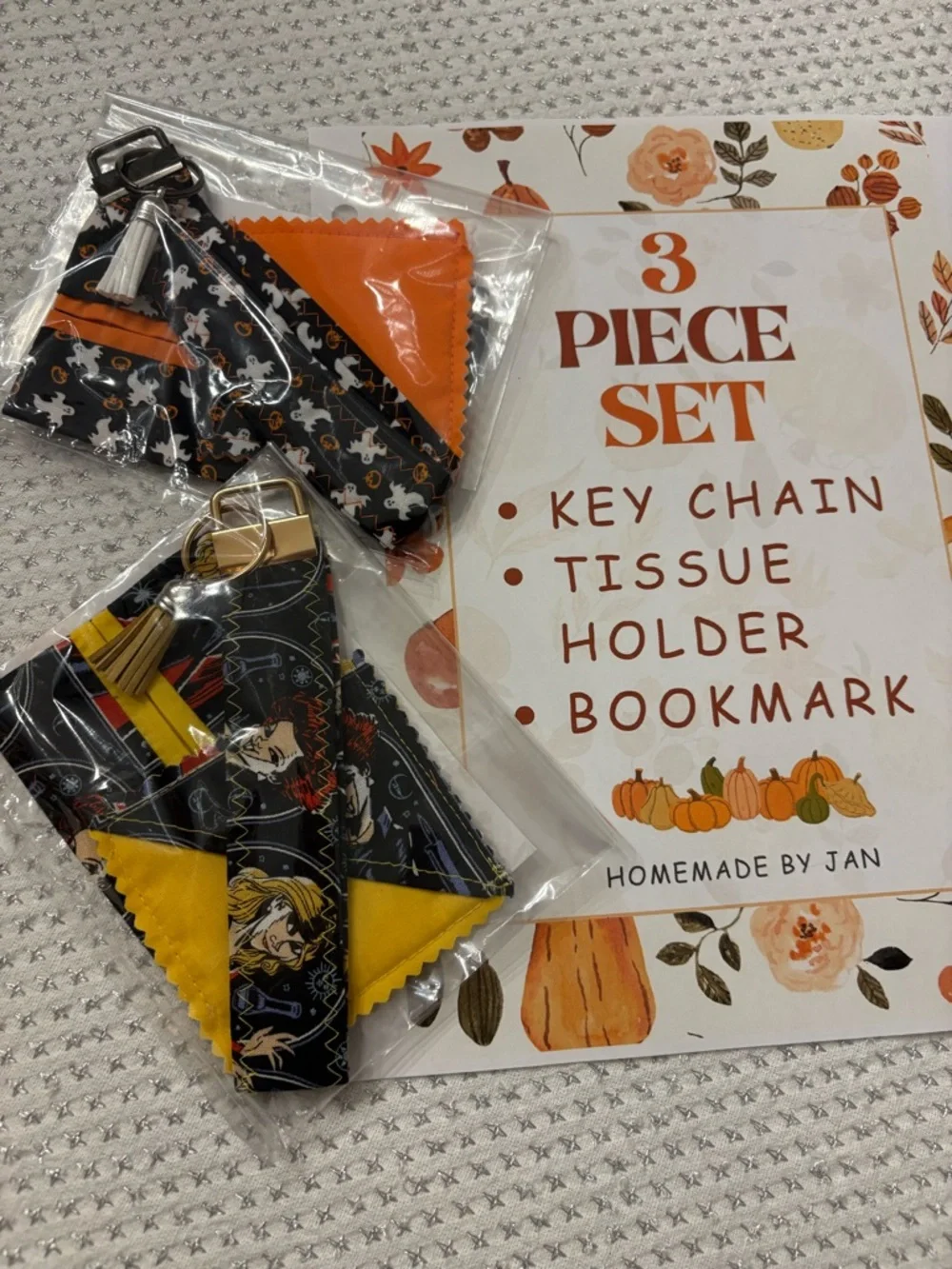 Halloween/Fall Orange Floral 3-Piece Key Chain, Tissue Holder & Bookmark Set
